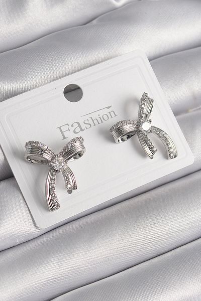MBB ETİCARET Brass Silver Color Zircon Stone Bow Model Women's Earrings - Tj-Bkp9992
