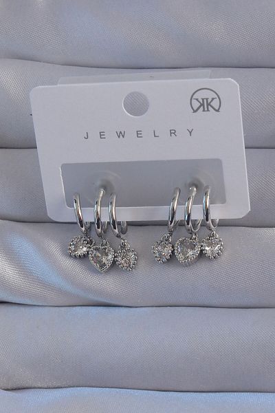 MBB ETİCARET Brass Silver Color Zircon Stone Heart Model Multiple Appearance Half Hoop Earrings - Tj-Bkp9143