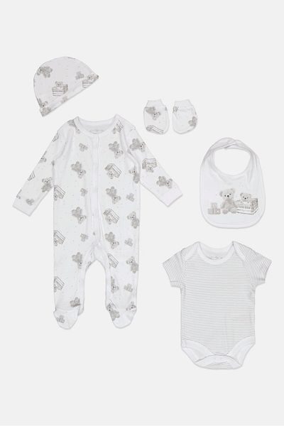 Rock A Bye Baby Boutique Toddlers Boy 5 pcs Graphic Print Bodysuit, Bib, Beanie And Mitts Set, Multicolor