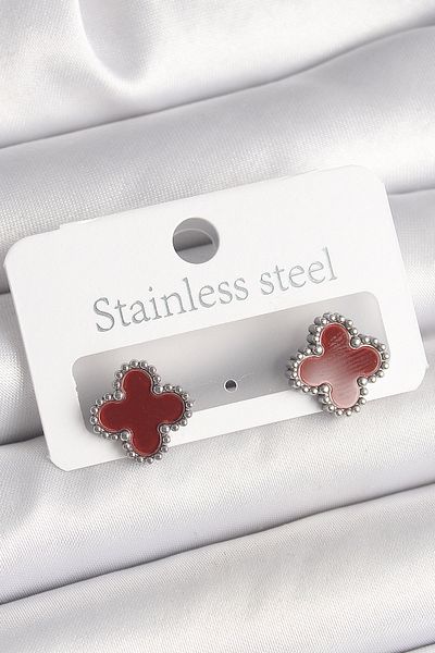 MBB ETİCARET Brass Silver Color Claret Red Clover Model Women's Earrings - Tj-Bkp10359
