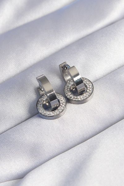 MBB ETİCARET 316L Steel Silver Color Zircon Stone Nested Oval Earrings - Tj-Bkp9013