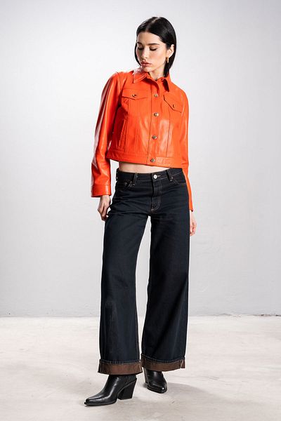 Dericlub Deri̇club Cardi Women's Cropfit Real Leather Coat Oranj