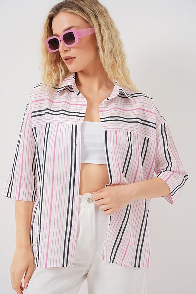 Bigdart Women's Striped Short Sleeve Shirt 20344 - Pink