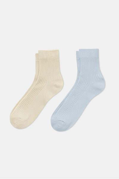 Tchibo Women 2 Pair Textured Socks, Tan and Light Blue