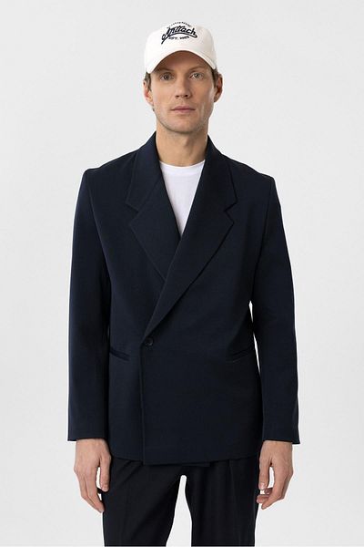 Antioch Navy Blue Double Breasted Closure Men's Blazer Jacket with Flap Pockets