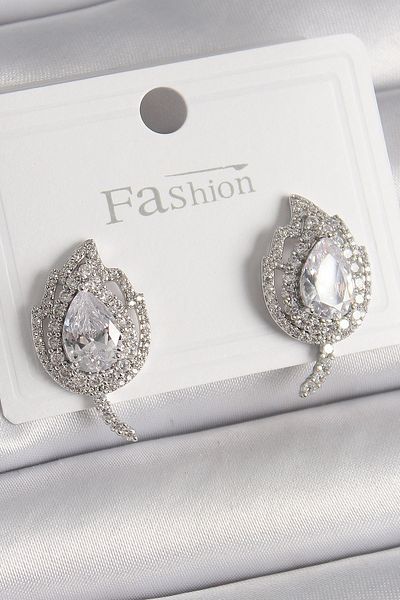MBB ETİCARET Brass Silver Color Zircon Stone Leaf Model Women's Earrings - Tj-Bkp9946