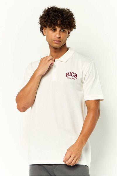 John Richmond Men Regular Fit Brand Logo Short Sleeve Polo Shirt, White
