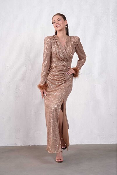 CİXAPLE Φόρεμα με μακρυμάνικο γιακά με διπλό στήθος με λεπτομέρεια με πούπουλα