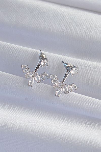 MBB ETİCARET Brass Silver Color Zircon Stone V Model Earrings - Tj-Bkp9290