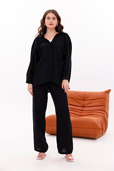 LA PANTE Low Shoulder Muslin Shirt Trousers Set with Elastic Waist, Laces and Front Pocket