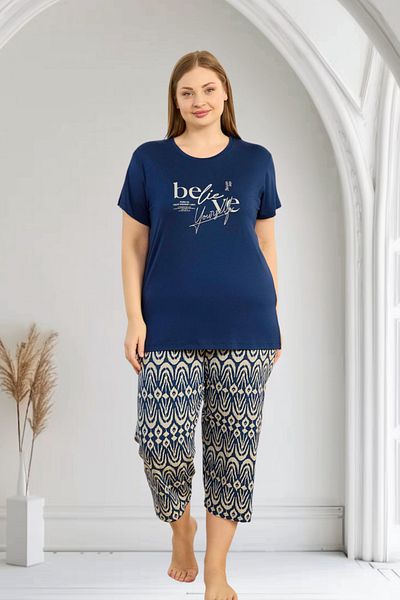 bigiyin Navy Blue Plus Size Women's Pajamas Set Bermuda Summer Plus Size Pajamas Set
