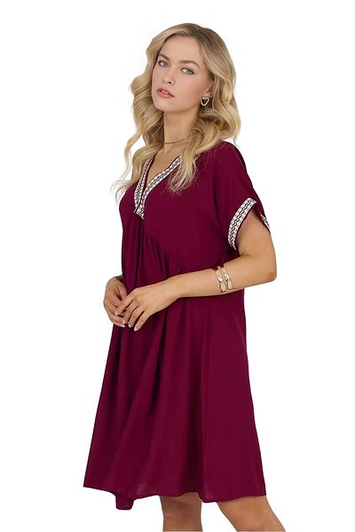 Modasultan V Neck Straw Knit Detailed Short Viscose Dress