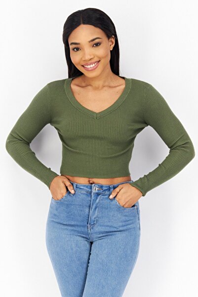 Don't Call Me Jennyfer Women V-Neck Ribbed Cropped Sweater, Olive