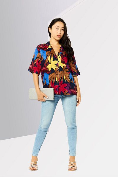Scotch & Soda Women Noched Collar Short Sleeve Allover Print Shirt, Multicolor