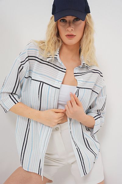 Bigdart Women's Striped Short Sleeve Shirt 20344 - Light Blue