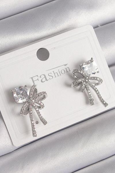 MBB ETİCARET Brass Silver Color Zircon Stone Ribbon Model Women's Earrings - Tj-Bkp9775
