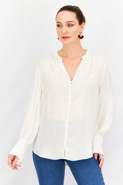 Joie Women Band Collar Neck Long Sleeve Plain Top, Ivory