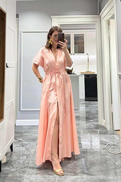 Banu Angay Önü Düğmeli V Yaka Pensli Gömlek Elbise Pembe