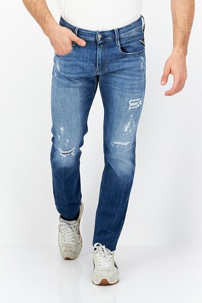Replay Men Regular Fit Rip Stretchable Jeans, Mid Wash Blue