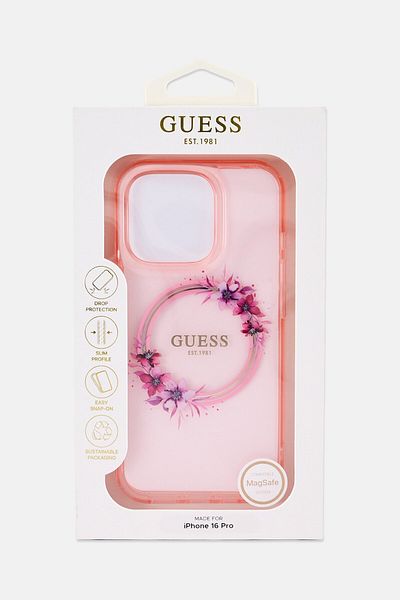 Guess iPhone 16 Pro Flower Crown Compatible Magsafe Phone Case, Pink