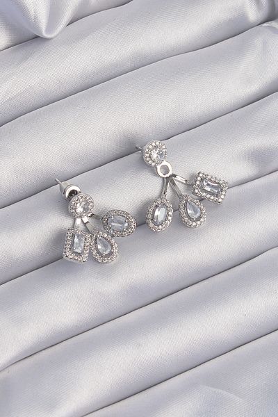 MBB ETİCARET Brass Silver Color Zircon Stone Geometric Model Earrings - Tj-Bkp9209