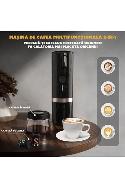 CYBERDUST Minipresso CYBERDUST, Espressor Portabil Negru, Compatibil Cafea Macinata si Capsule Universale B