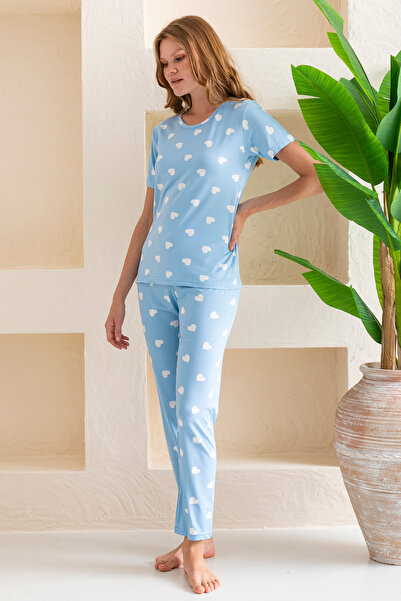 GİYSA Costum de pijama pentru femei, cu mânecă scurtă, cu model de inimă, albastru bebeluș - 6016