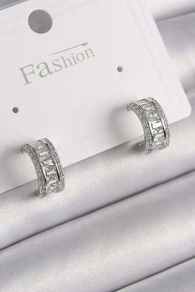 MBB ETİCARET Brass Silver Color Zircon Stone Hoop Model Women's Earrings - Tj-Bkp9988