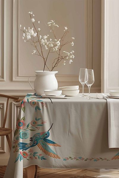 Pilloveland Față de masă Broderie Păsări Cu Motiv 140*180 Cm Țesătură De Pânză