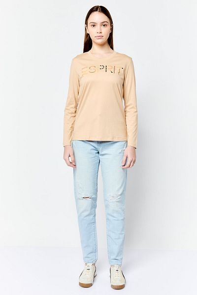 Esprit Women Crew Neck Long Sleeves Brand Logo T-Shirt, Tan