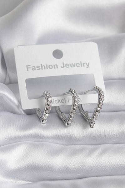 MBB ETİCARET Brass Silver Color Heart Model Zircon Stone Detail Women's Earrings - TJ-BKP8284