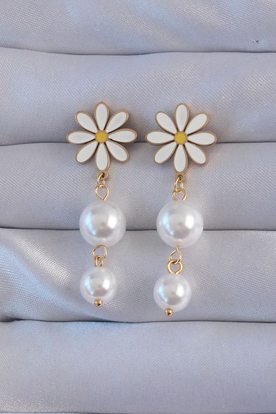 MBB ETİCARET 316L Steel Gold Color Pearl Jewelled Daisy Model Dangle Earrings - Tj-Bkp9158
