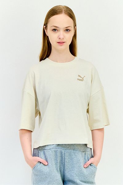 Puma Women Oversized Fit Embroidered Logo Short Sleeves Outdoor Crop Top, Ivory