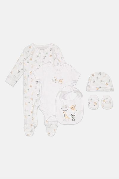 Rock A Bye Baby Boutique Toddlers Boy 5 Pcs Animal Print Bodysuit, Bib, Beanie, Gloves and Coverall Set, Multicolor