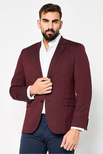 Tommy Hilfiger Men Tailored Fit Long Sleeves Herringbone Semi Formal Blazer, Maroon