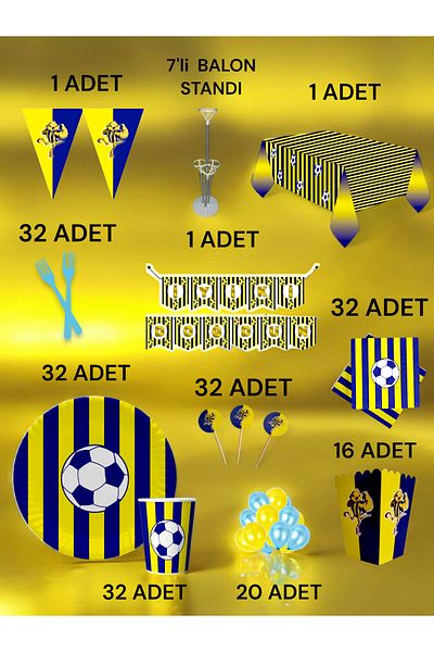 VibeHome 32-Person Navy Blue Yellow Fan 2XL Pack - Birthday Party & Fun Events