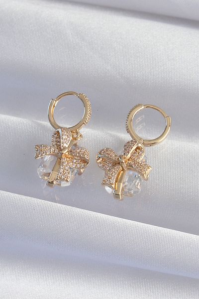 MBB ETİCARET Brass Gold Color Large Zircon Stone Bow Model Hoop Earrings - Tj-Bkp9313