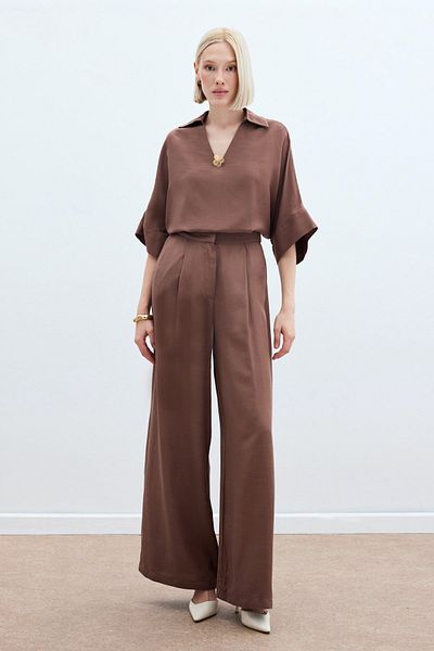 Sateen Linen Blend Trousers - Brown