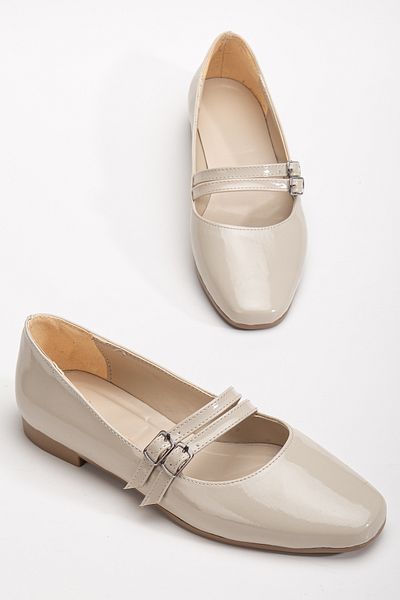 Tonny Black Women's Beige Oval Toe Double Buckle Ballerinas