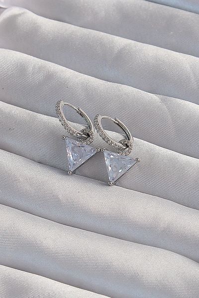 MBB ETİCARET Brass Silver Color Triangle Zircon Stone Dangle Hoop Earrings - Tj-Bkp9308