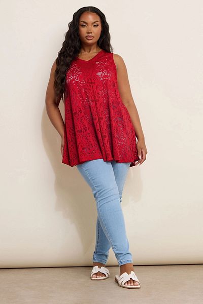 Stil Diva Large Size V Neck Zero Sleeve Unlined Lace T-Shirt 304104