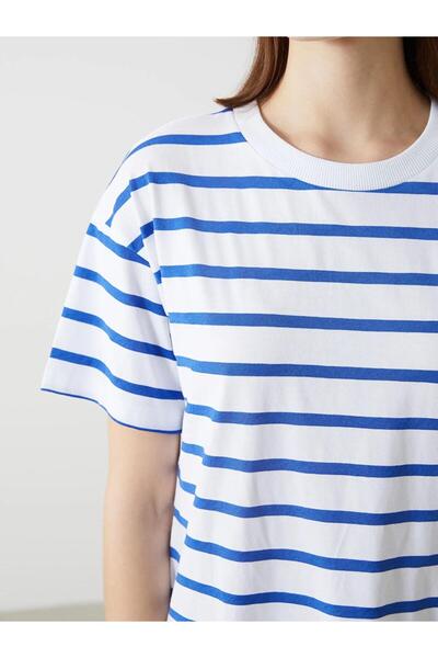 LC Waikiki LCW Comfort Bisiklet Yaka Çizgili Kadın Tişört (S5)