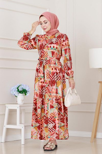 Sevitli Ethnic Patterned Belted Princess Dress-Burgundy
