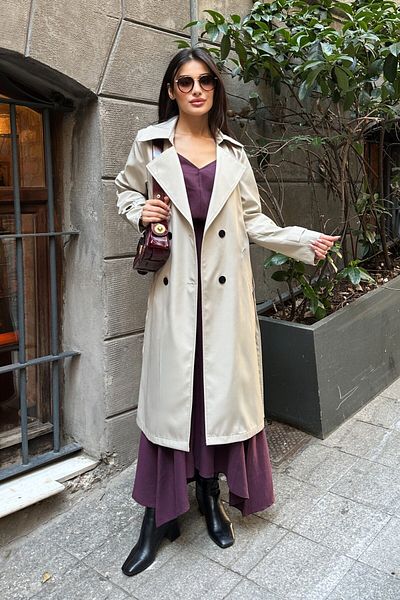 moda armanc Women's Double Breasted Collar Cream Trench Coat - 5918
