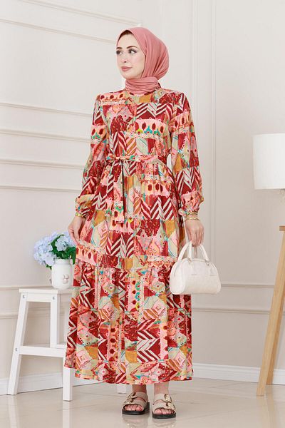 Sevitli Ethnic Patterned Belted Princess Dress-Burgundy