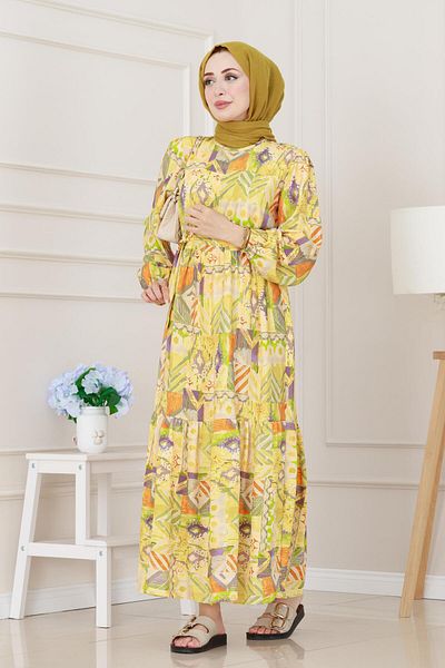 Sevitli Ethnic Patterned Belted Princess Dress-Yellow