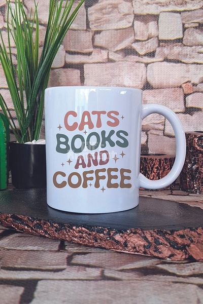 giftkonsept Cats Books and Coffee Themed Cat Book Coffee Trio Gift Printed Tea Coffee Presentation Mug Cup