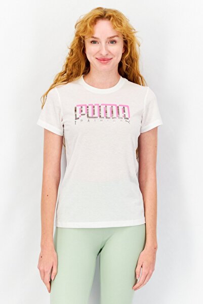 Puma Women Sportswear Fit Brand Logo Short Sleeve Training T-Shirt, White/Pink/Silver