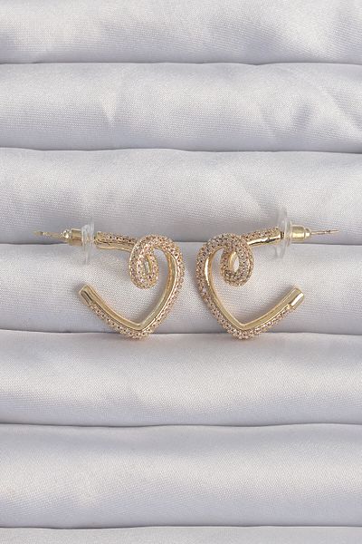 MBB ETİCARET Brass Gold Color Zircon Stone Curved Half Heart Earrings - Tj-Bkp9279