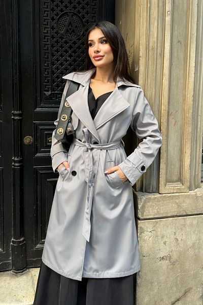 moda armanc Women's Double Breasted Collar Gray Trench Coat - 5918